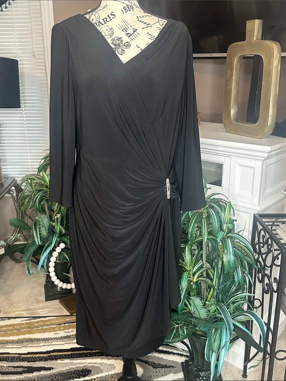 Lauren Ralph Lauren Black Long-Sleeve Wrap Dress with Side Brooch